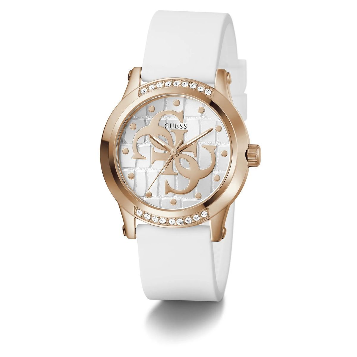 Roségoldfarbene Uhr mit weißem Armband