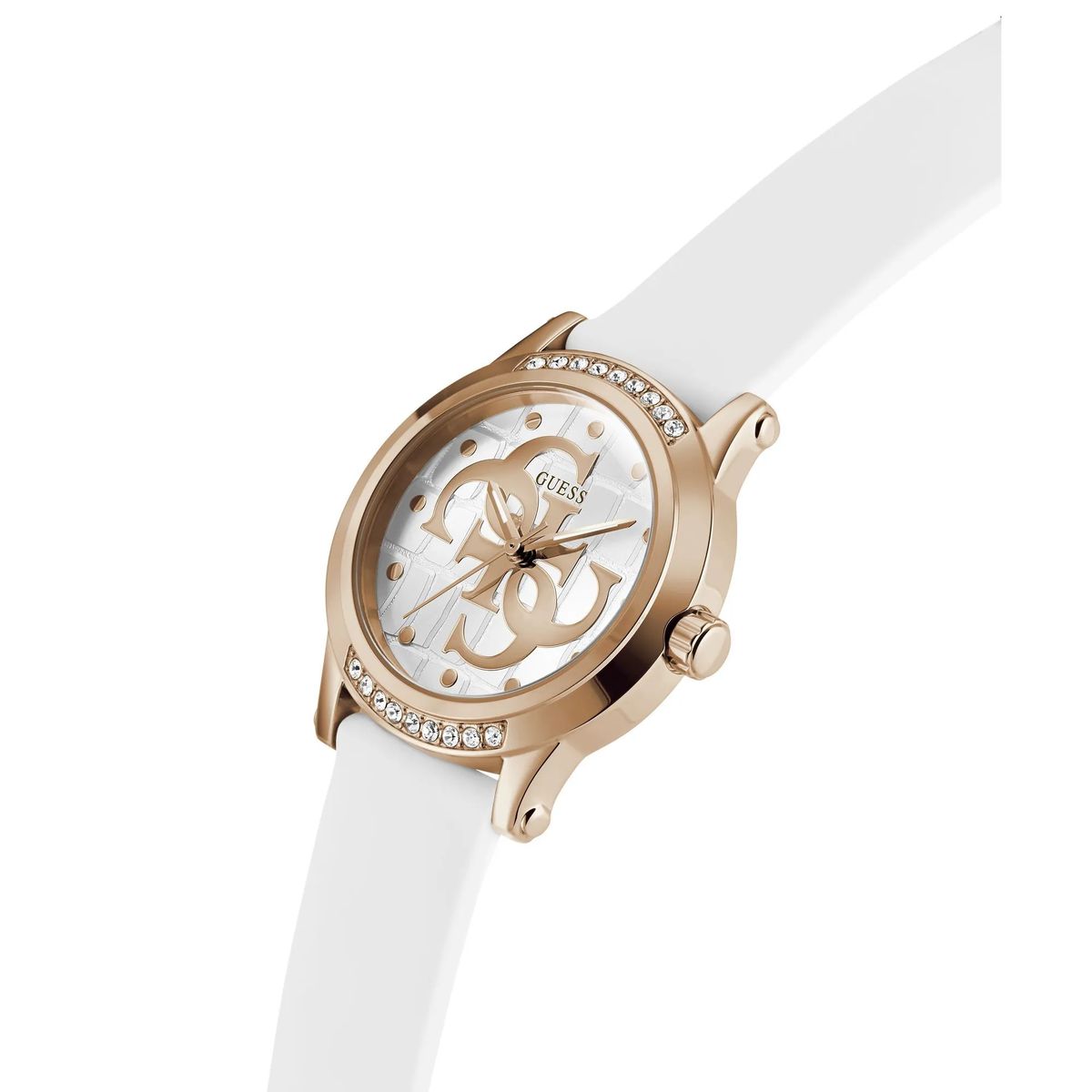 Roségoldfarbene Uhr mit weißem Armband