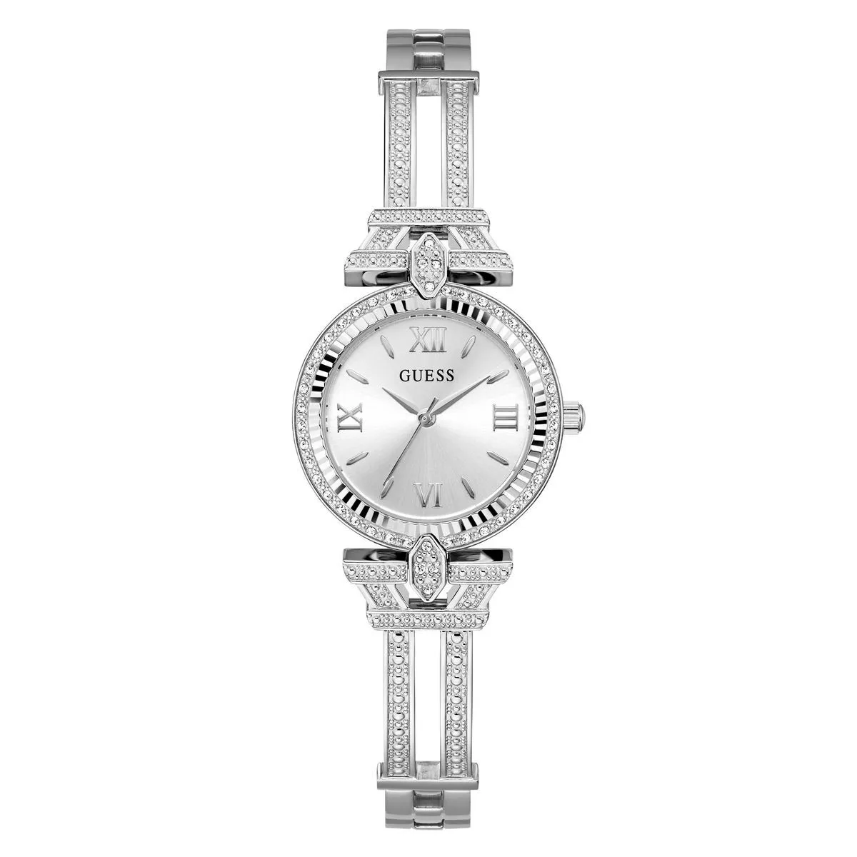 Elegante silberfarbene Uhr mit Kristallakzenten
