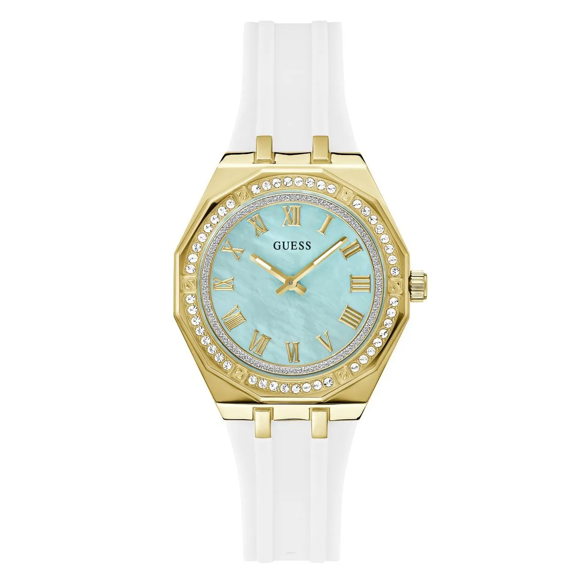 Elegante goldfarbene Uhr mit weißem Band
