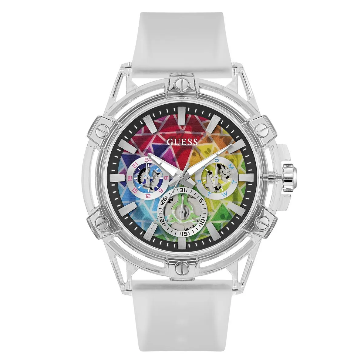 Transparente analoge Uhr mit Regenbogen-Zifferblatt
