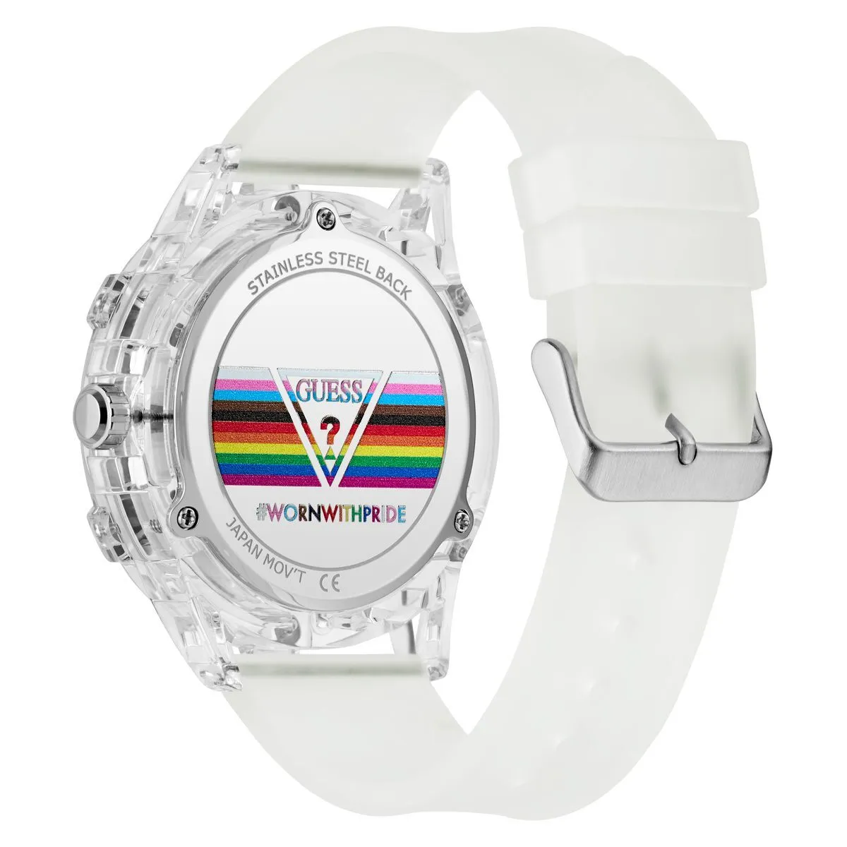 Transparente analoge Uhr mit Regenbogen-Zifferblatt