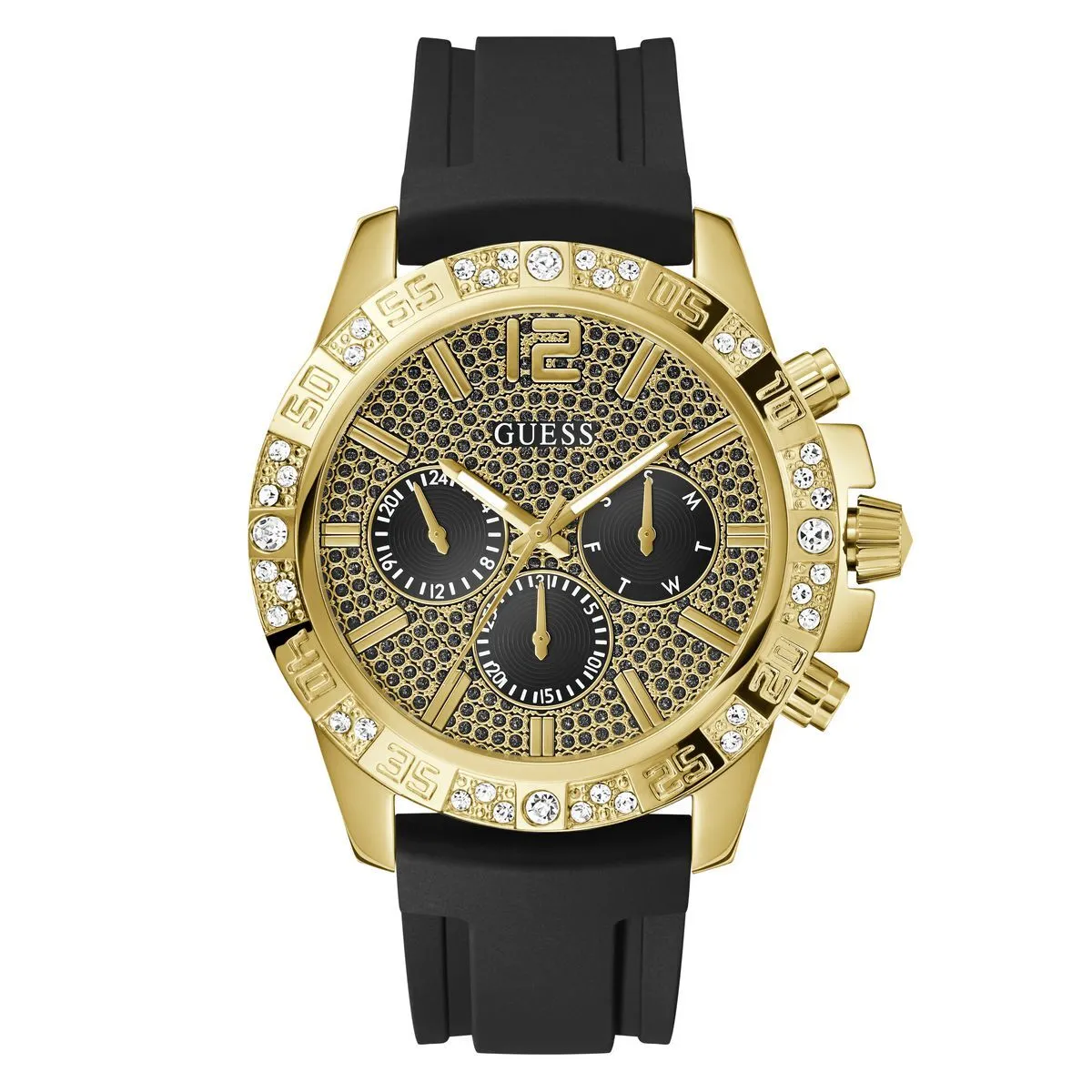 Goldfarbene Chronograph Uhr mit schwarzen Akzenten