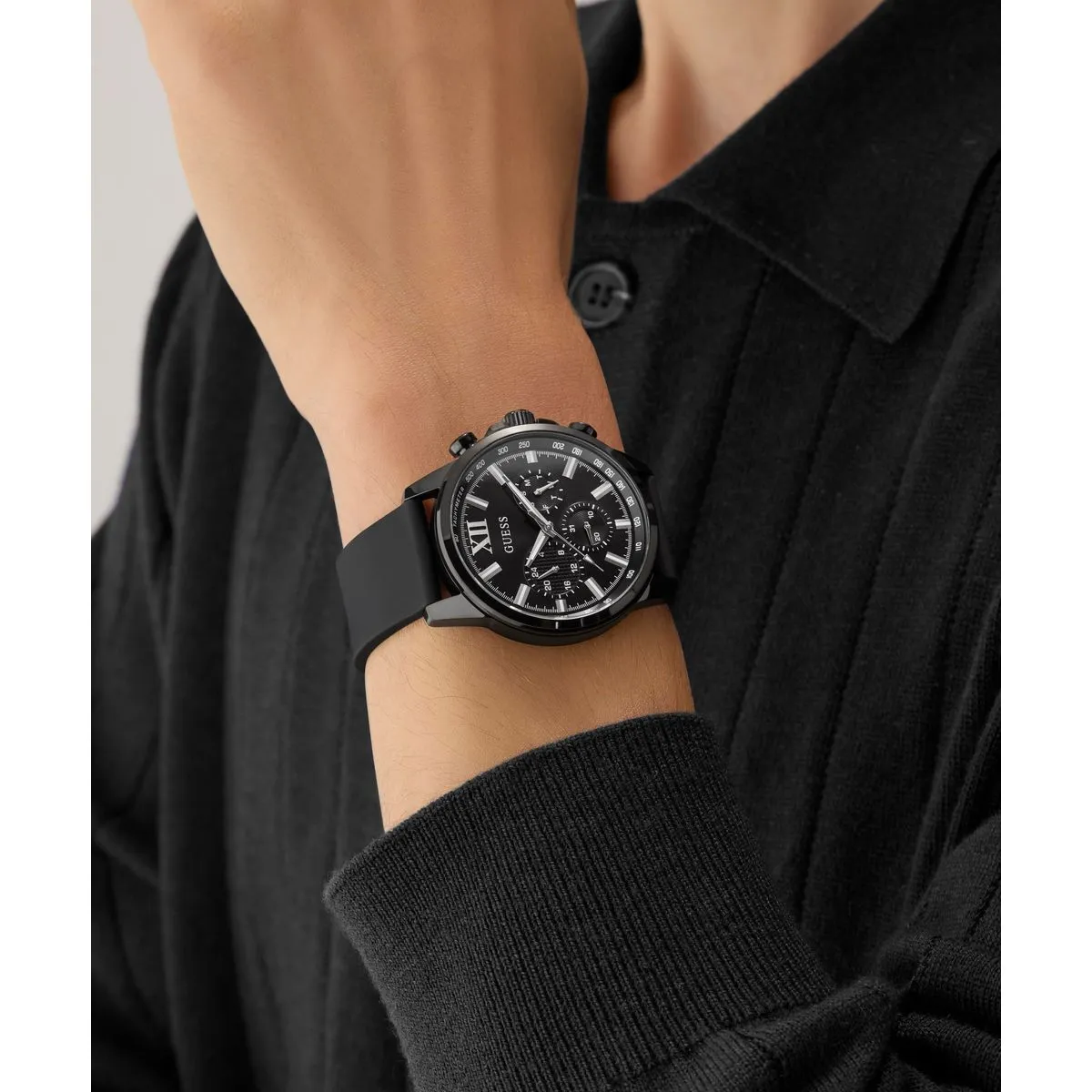 Schwarze Multifunktions-Chronographenuhr mit Silikonarmband