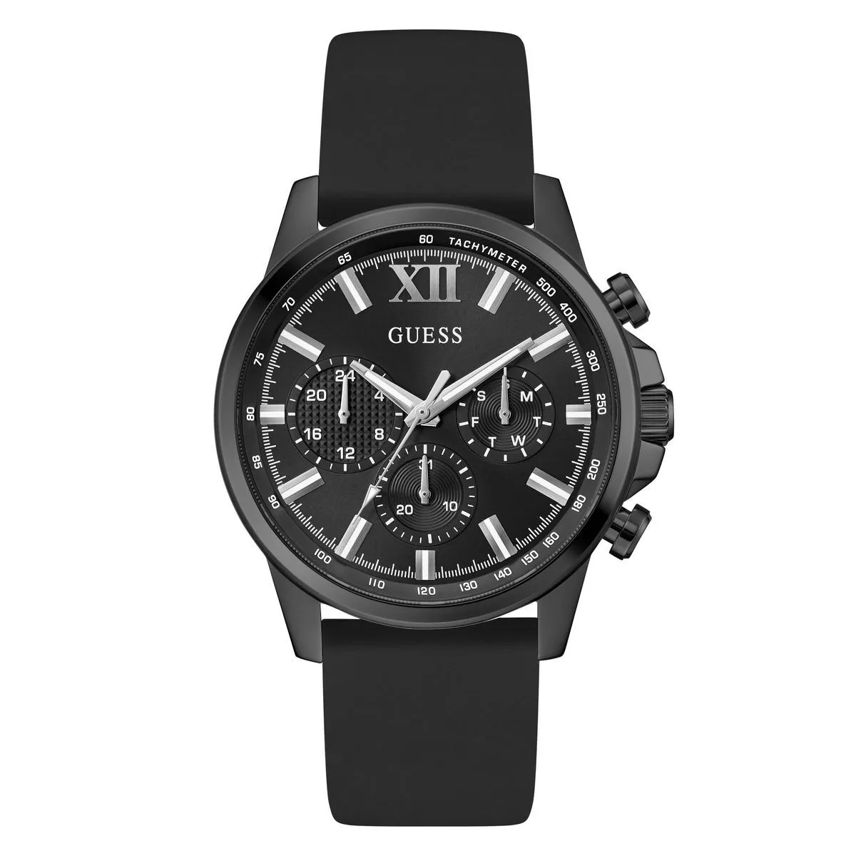 Schwarze Multifunktions-Chronographenuhr mit Silikonarmband