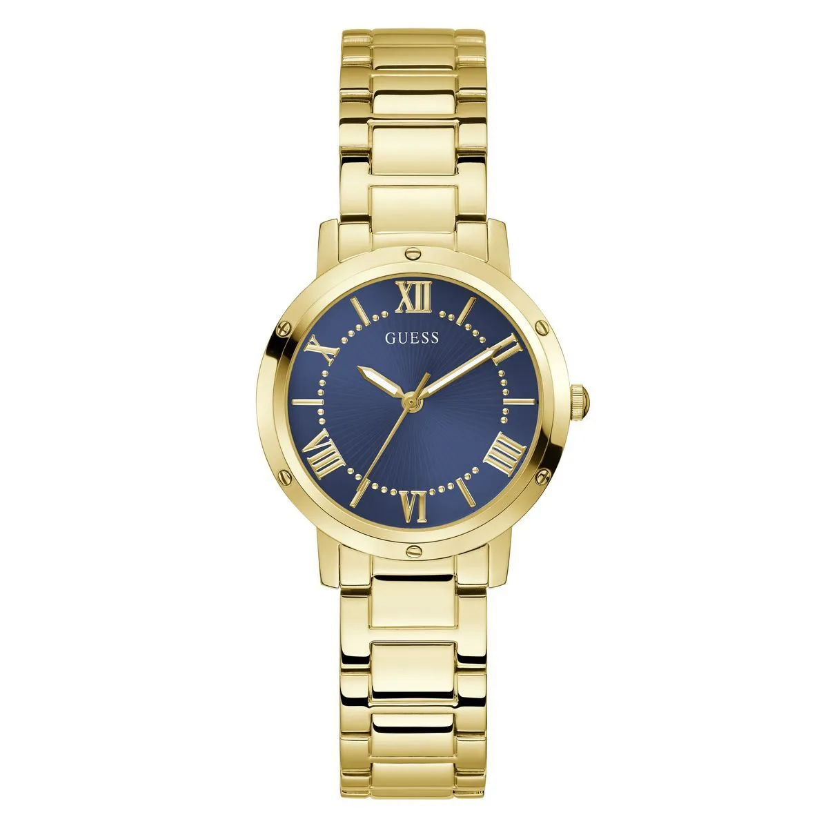 Elegante goldfarbene Uhr mit blauem Zifferblatt