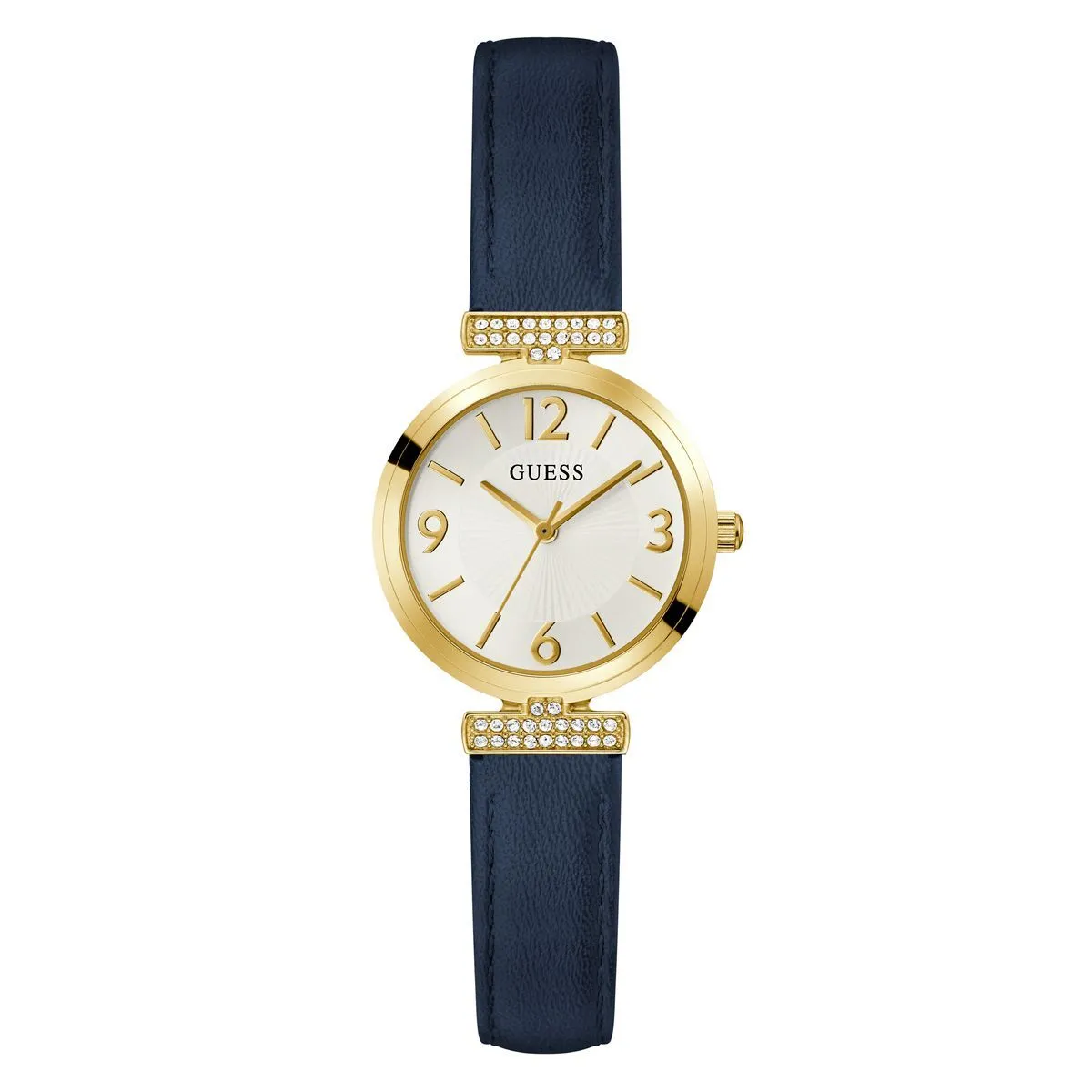 Elegante goldfarbene Uhr mit blauem Lederband