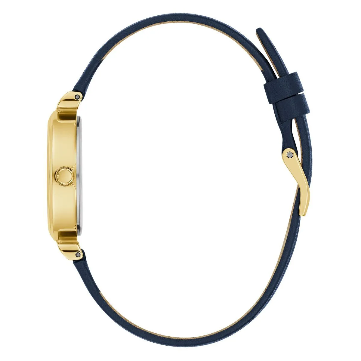 Elegante goldfarbene Uhr mit blauem Lederband