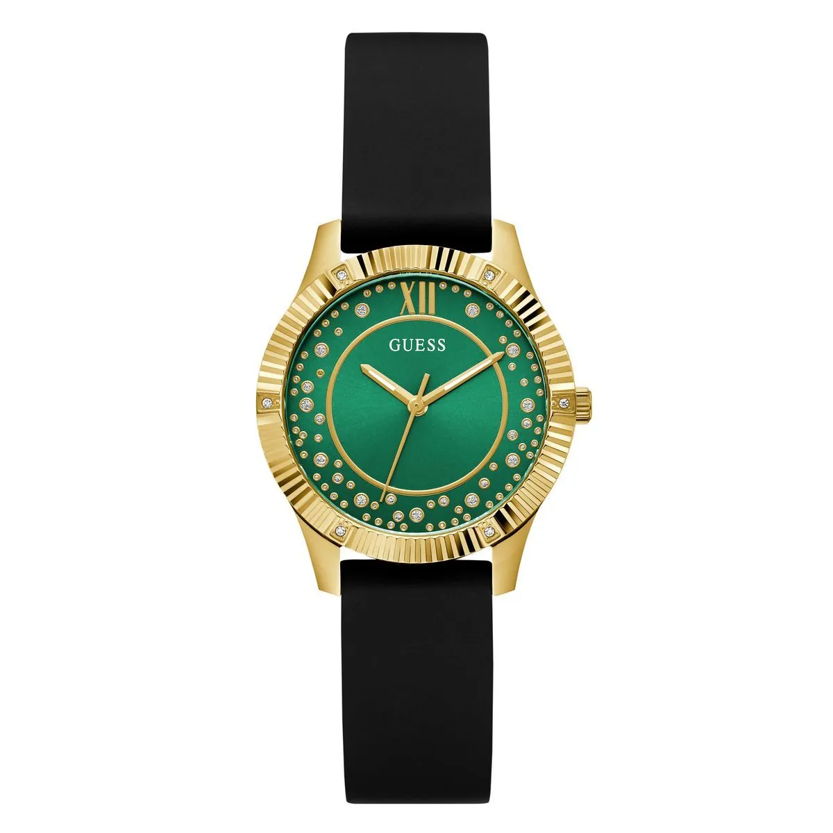 Uhr mit grünem Zifferblatt und goldenem Gehäuse