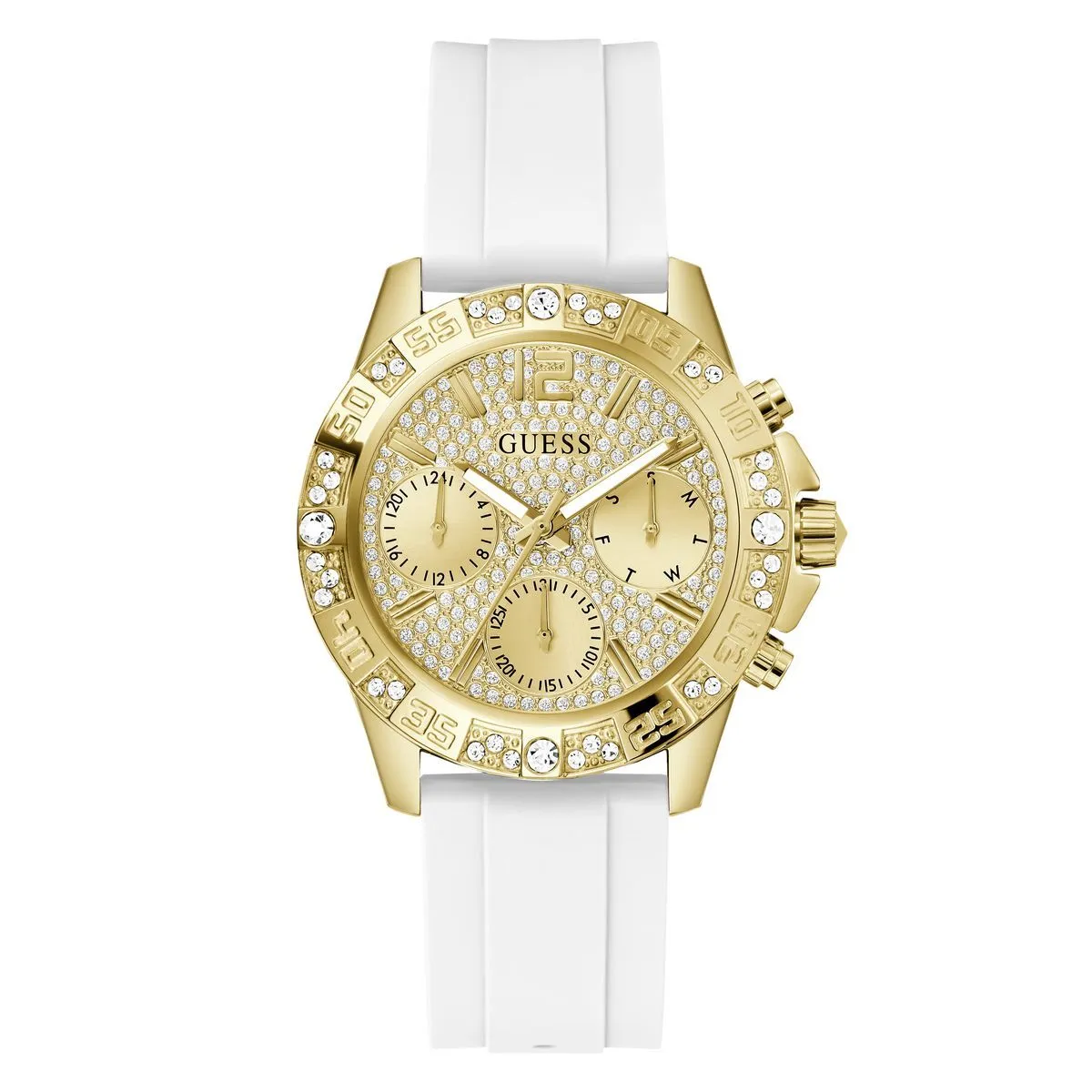 Goldfarbene Uhr mit weißem Silikonarmband