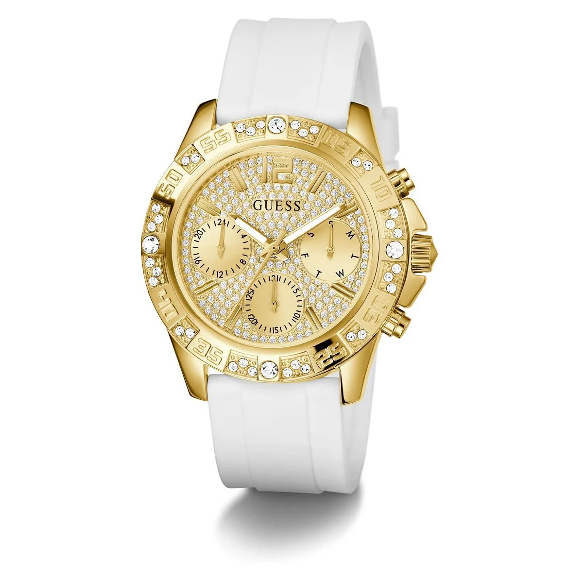 Goldfarbene Uhr mit weißem Silikonarmband