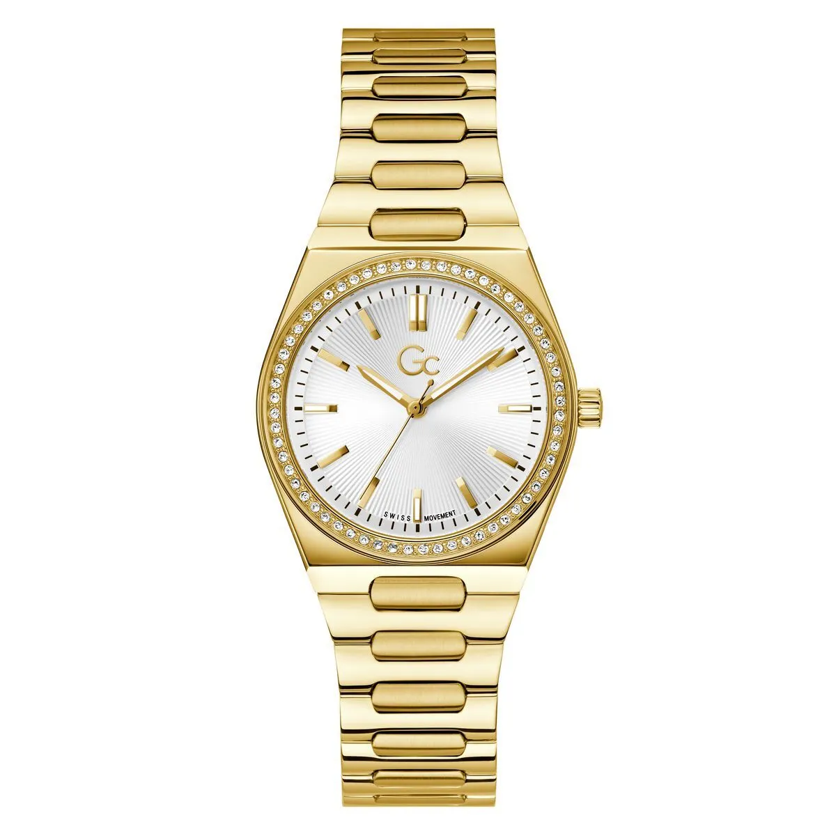 Elegante goldfarbene Uhr mit Kristallakzenten