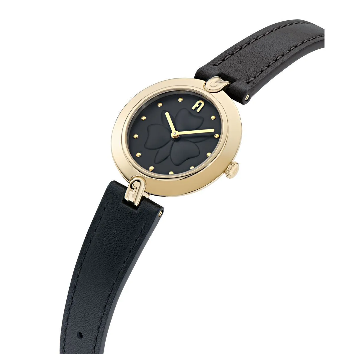 Elegante goldfarbene Uhr mit schwarzem Lederarmband