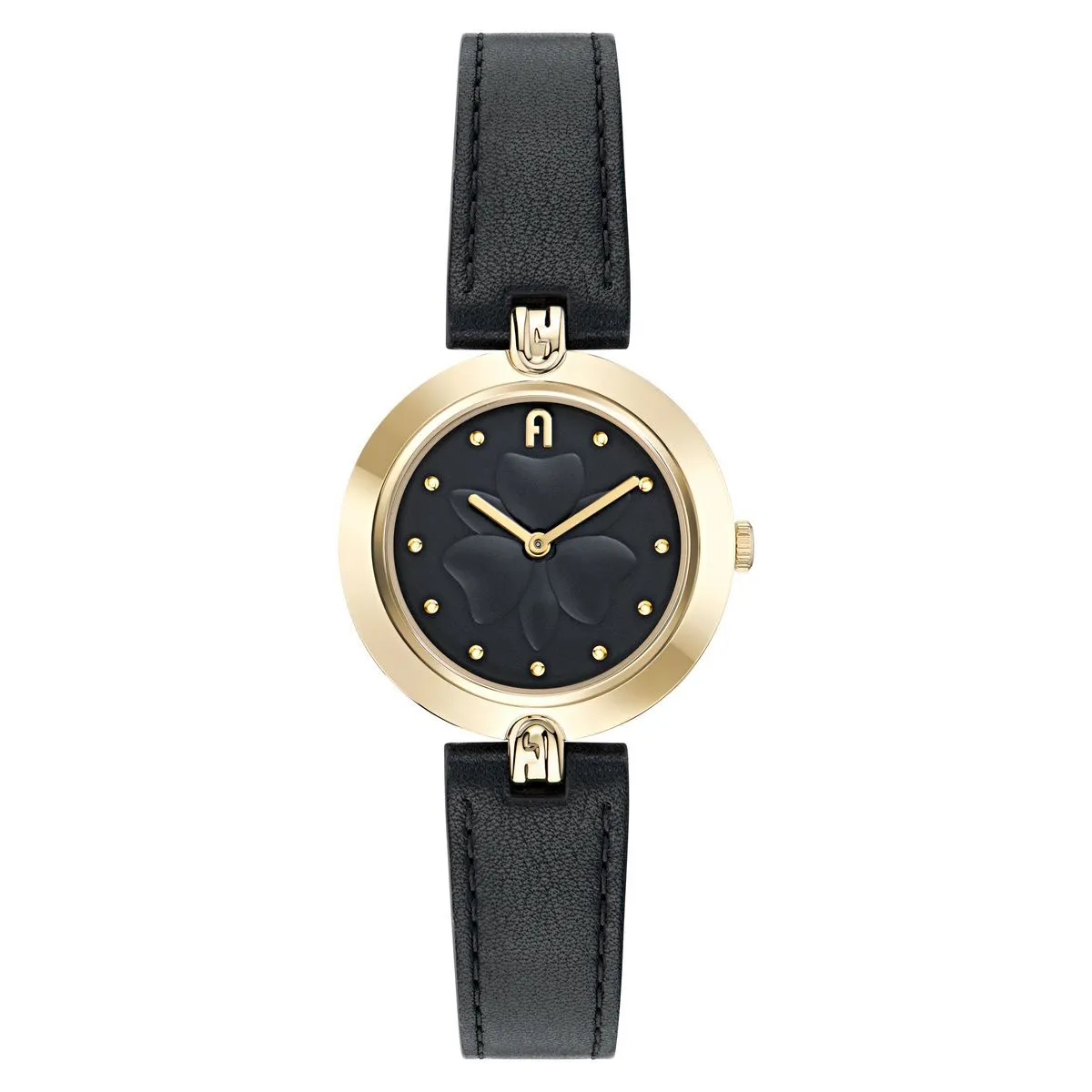 Elegante goldfarbene Uhr mit schwarzem Lederarmband
