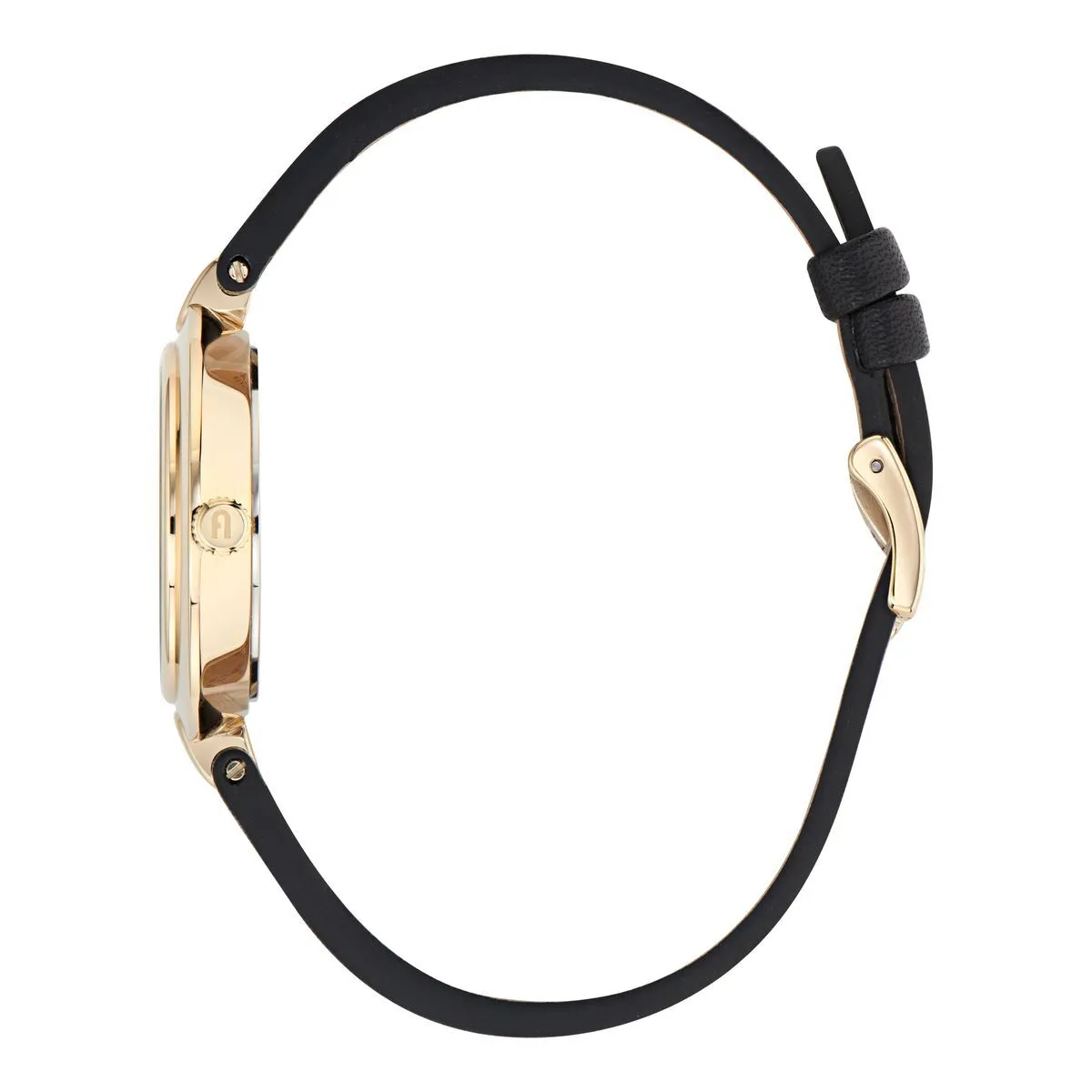 Elegante goldfarbene Uhr mit schwarzem Lederarmband