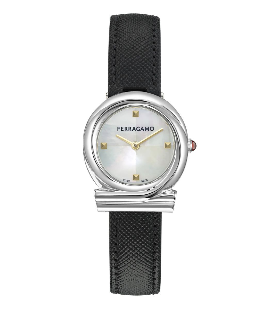 Elegante silberfarbene Uhr mit schwarzem Lederarmband
