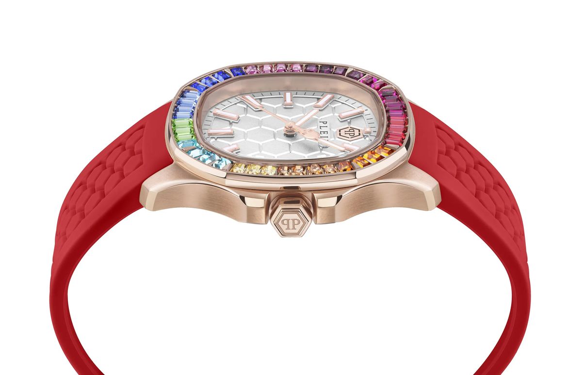 Uhr mit Regenbogenlünette und rotem Silikonarmband