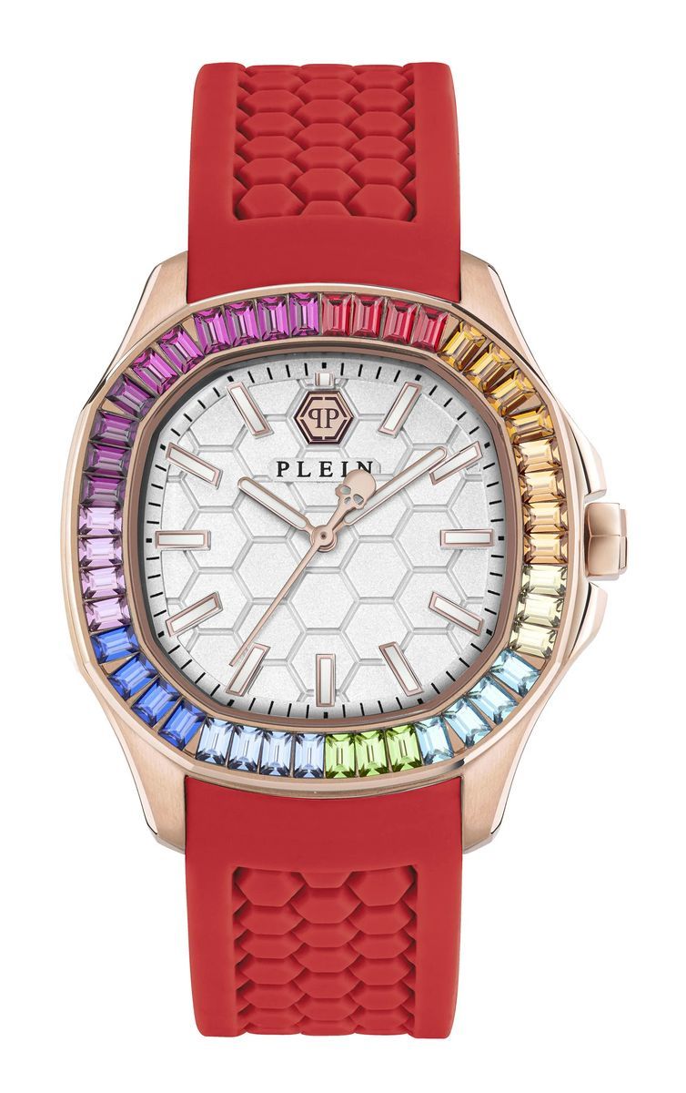 Uhr mit Regenbogenlünette und rotem Silikonarmband