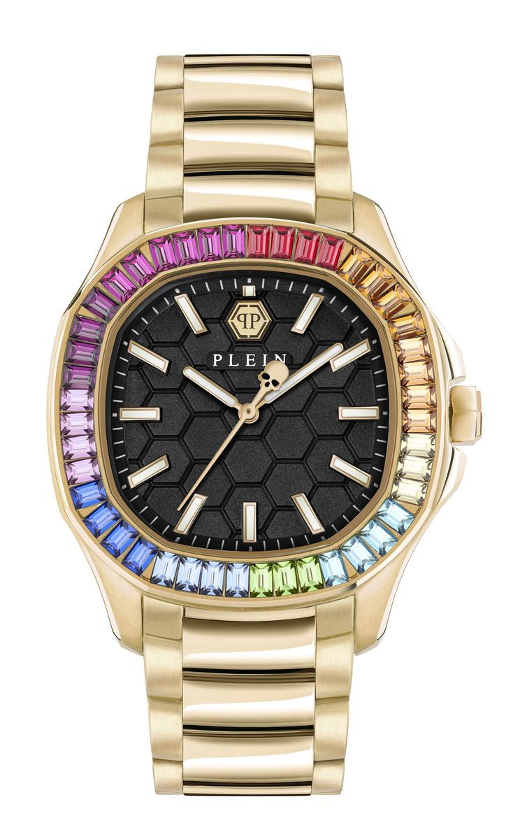 Goldfarbene Damenarmbanduhr mit Regenbogenkristallen