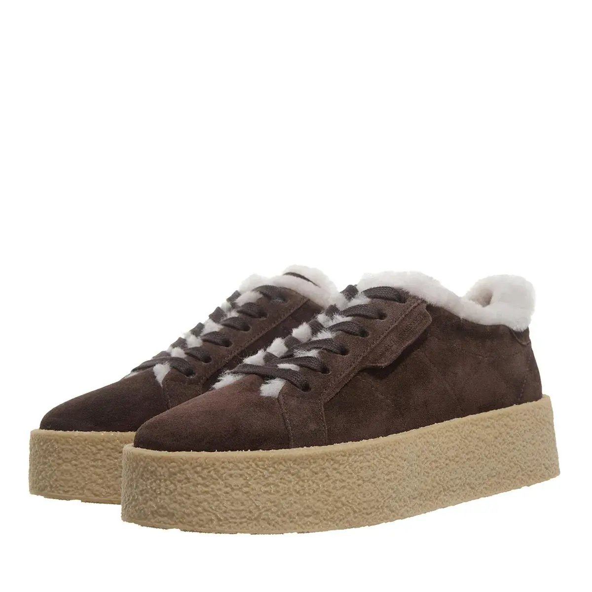 Schokoladenbraune Wildleder-Plateau-Sneakers mit Shearling-Besatz