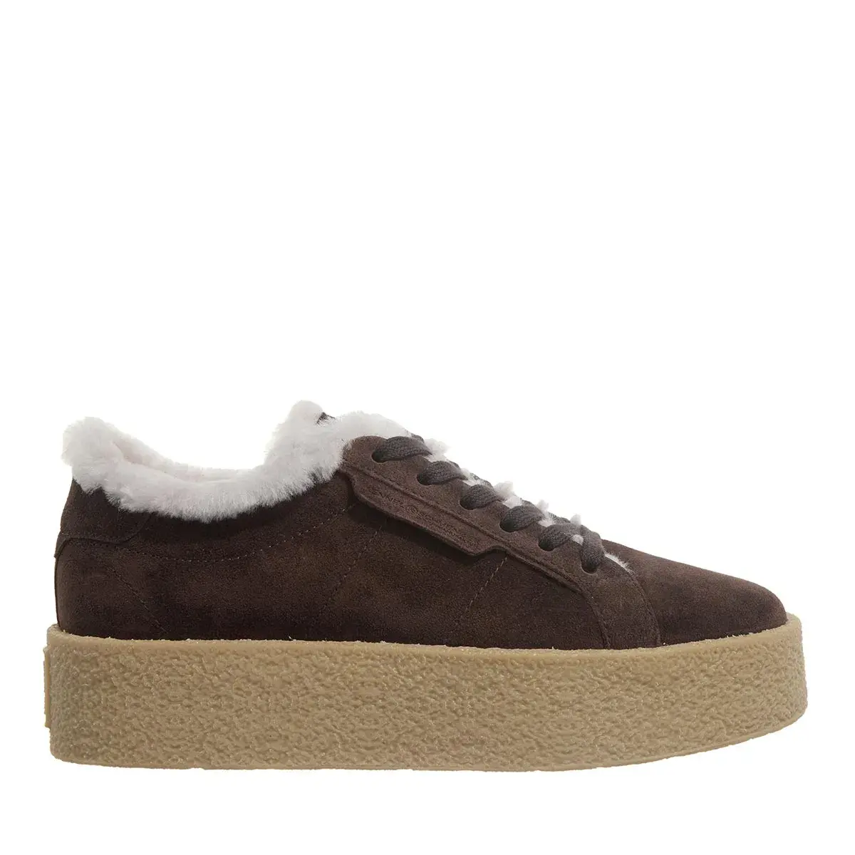 Schokoladenbraune Wildleder-Plateau-Sneakers mit Shearling-Besatz
