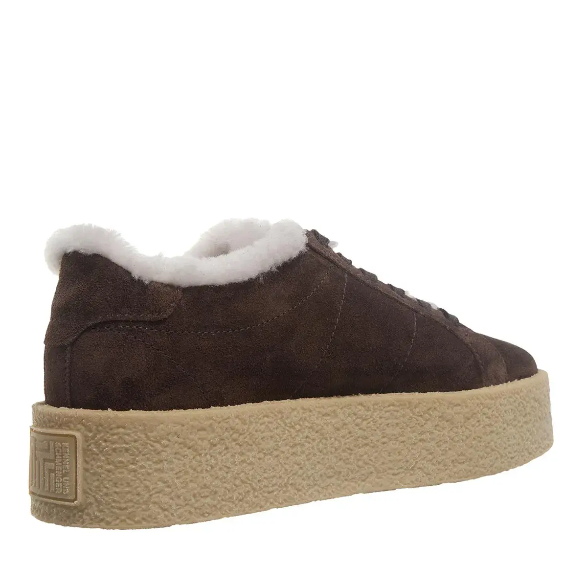 Schokoladenbraune Wildleder-Plateau-Sneakers mit Shearling-Besatz