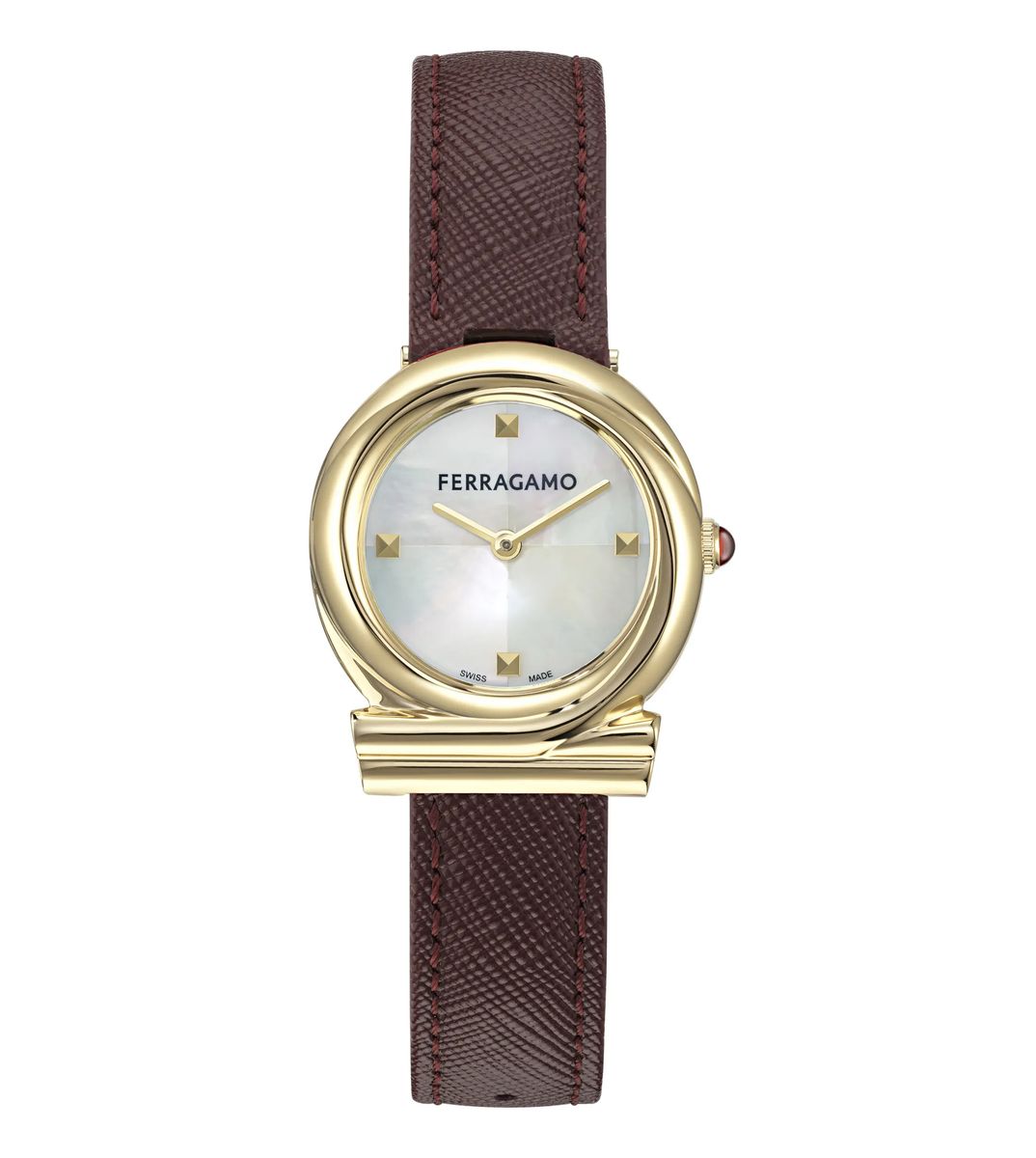 Elegante goldfarbene Uhr mit bordeauxfarbenem Armband