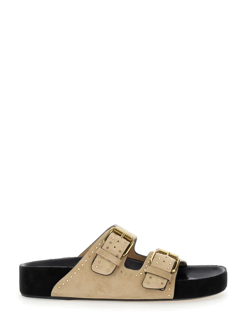Beige Wildleder Pantoletten mit Schnalle