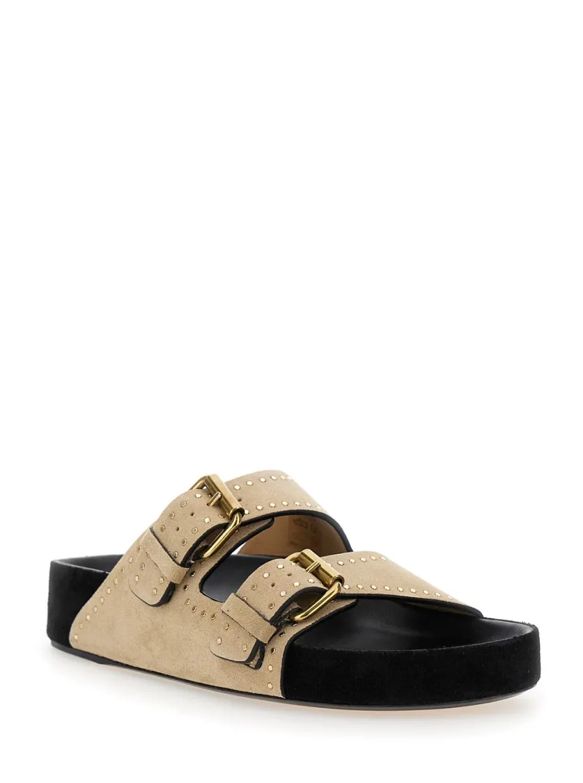 Beige Wildleder Pantoletten mit Schnalle