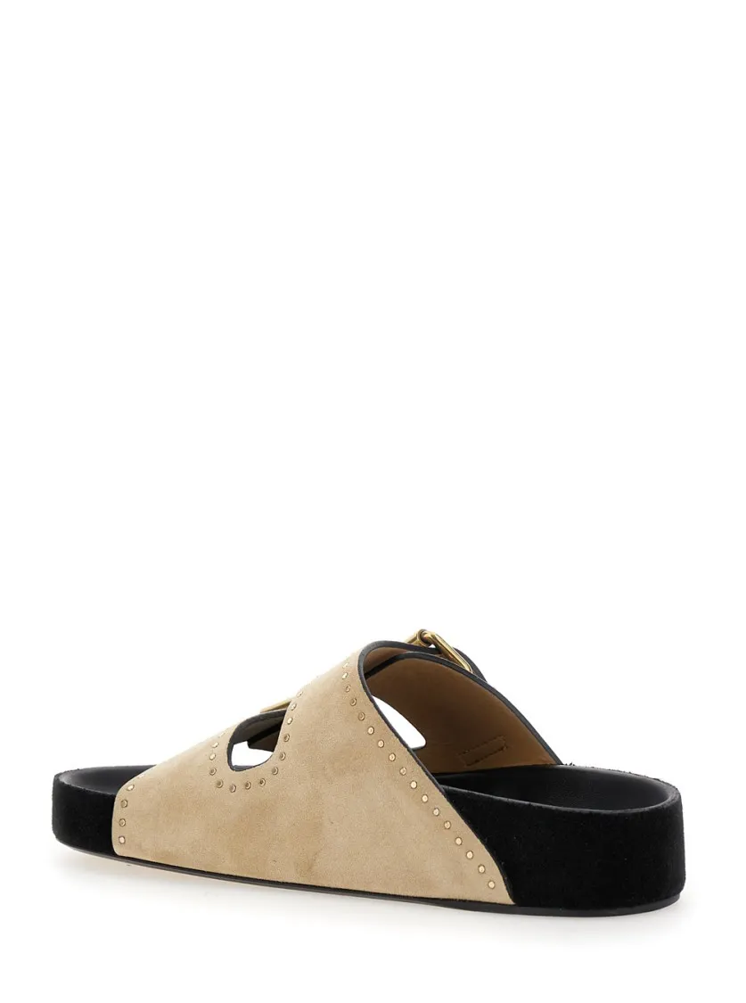 Beige Wildleder Pantoletten mit Schnalle