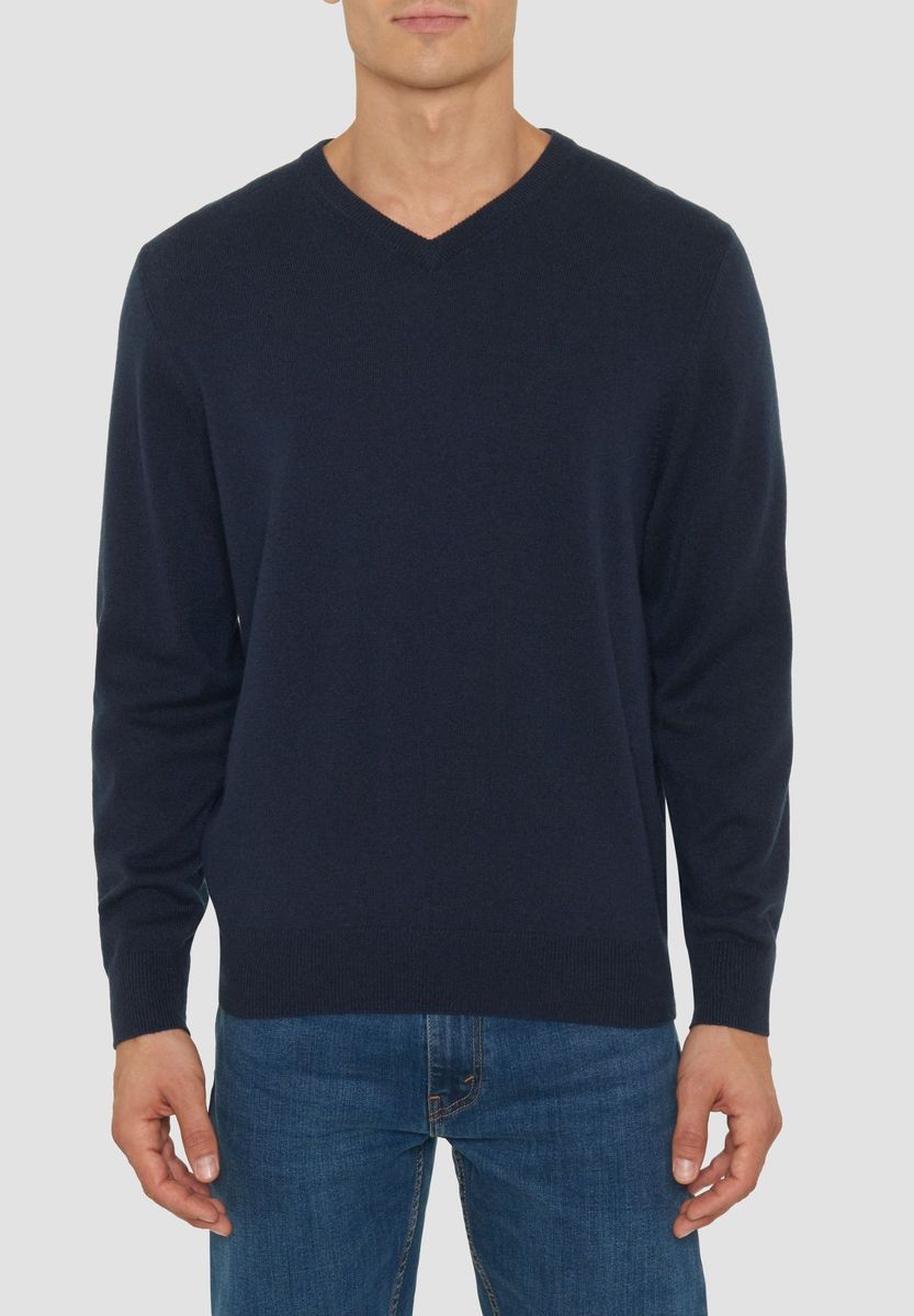 Herren Marineblau Seide Kaschmir V-Ausschnitt Pullover