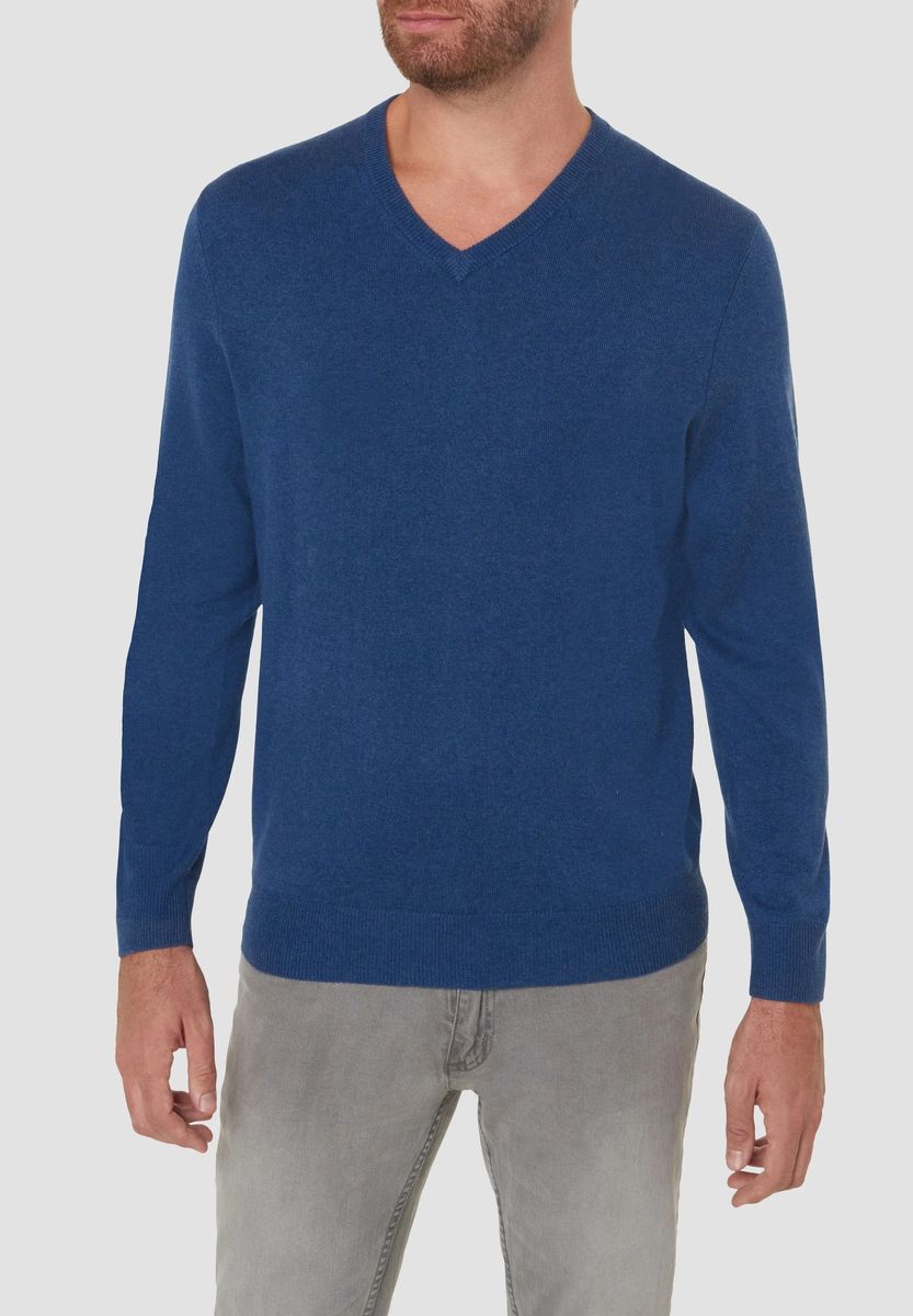 Herren Marineblau Seide Kaschmir V-Ausschnitt Pullover