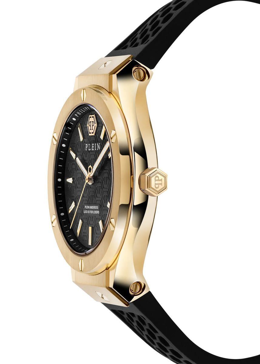 Goldfarbene Uhr mit schwarzem Armband