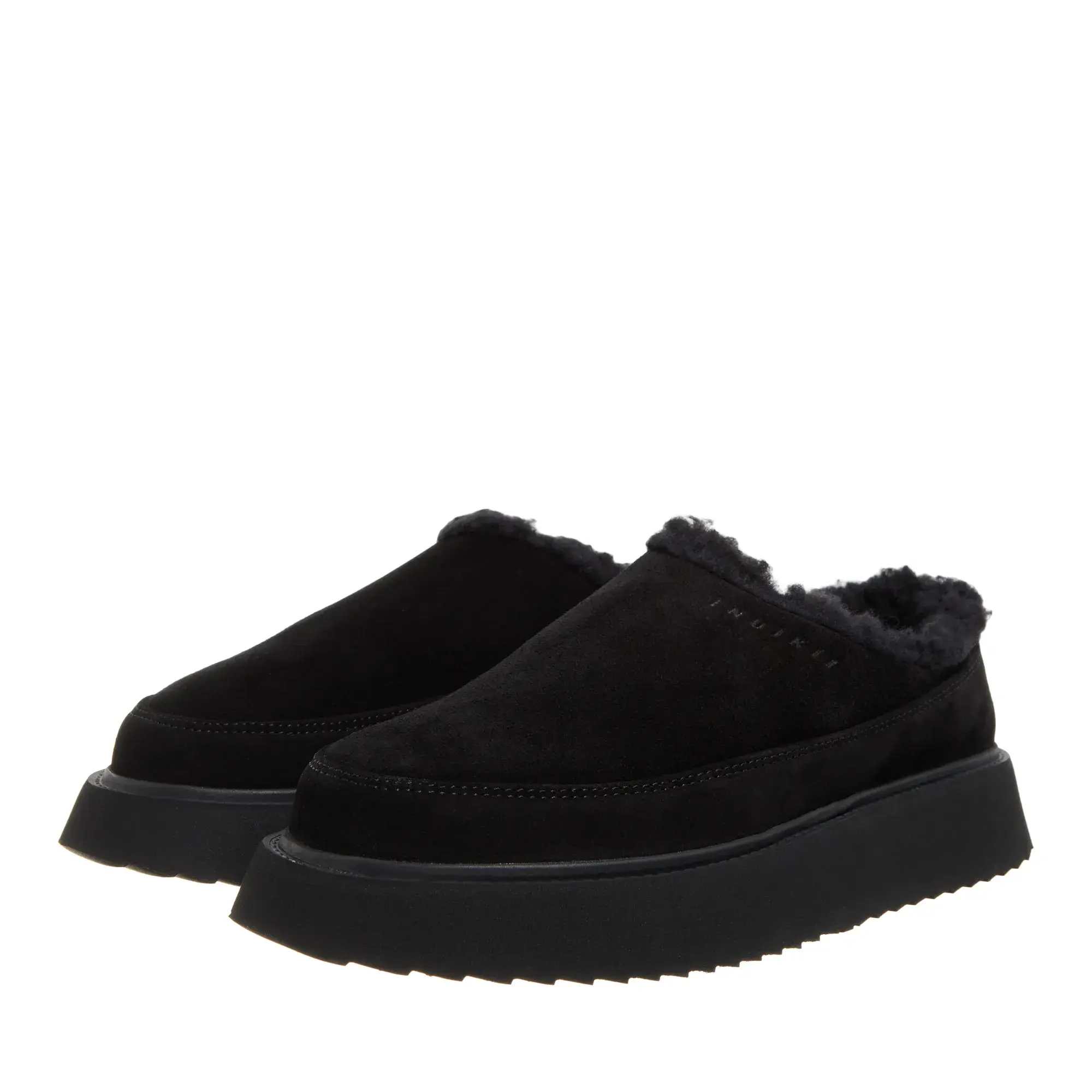 Schwarze Mules mit Wildleder- und Kunstfellfutter
