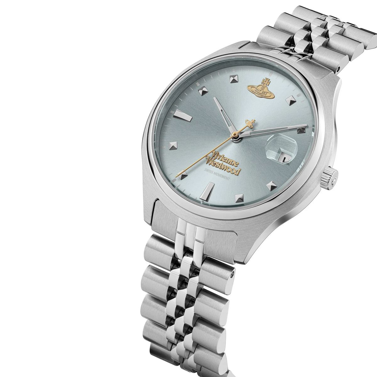 Elegante silberfarbene Uhr mit hellblauem Zifferblatt