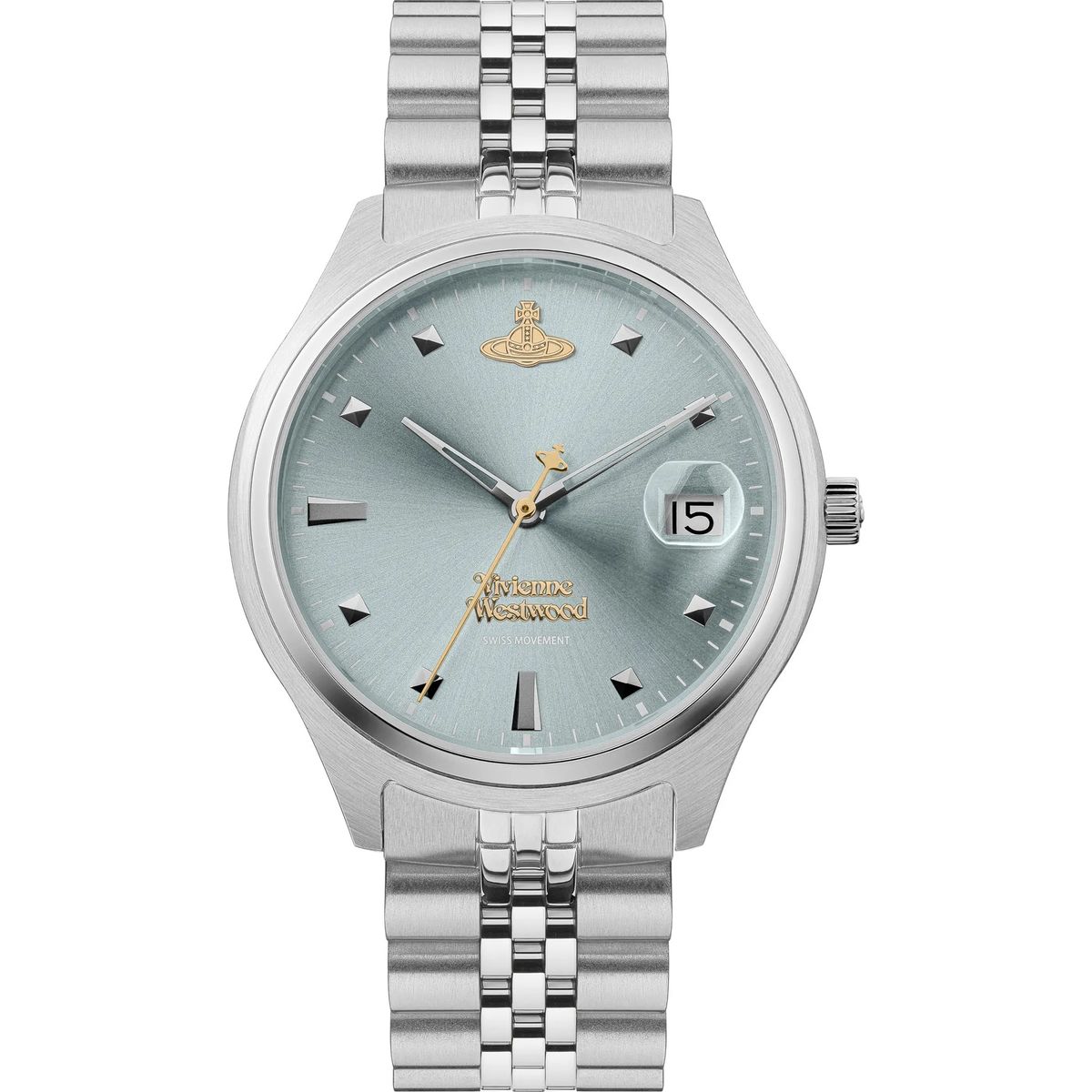 Elegante silberfarbene Uhr mit hellblauem Zifferblatt