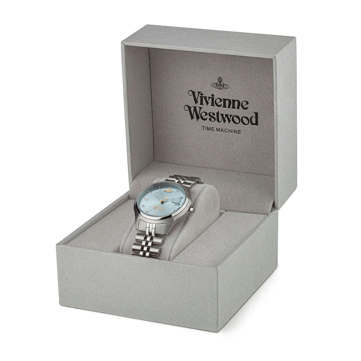 Elegante silberfarbene Uhr mit hellblauem Zifferblatt