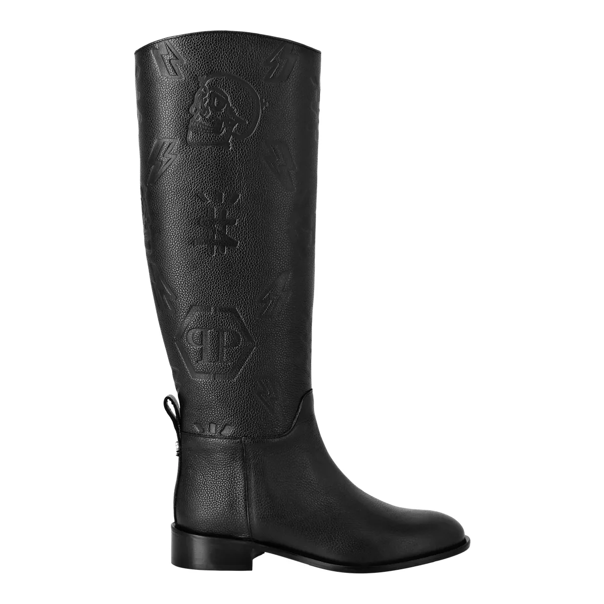 Schwarze, geprägte Lederstiefel mit Kniehöhe