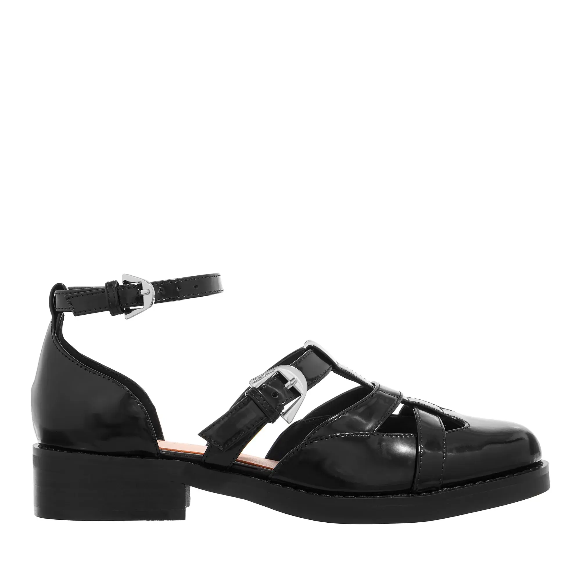Schwarze Sandale mit Knöchelriemen aus Lackleder