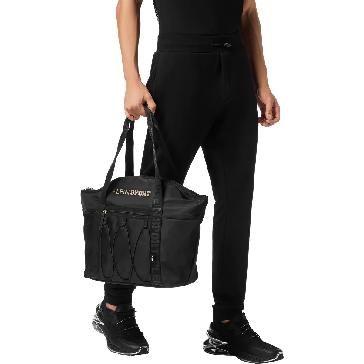 Schwarze Nylon-Tragetasche mit Logo-Print