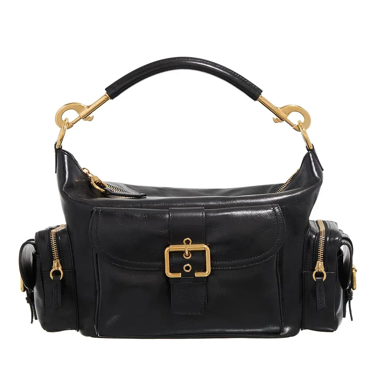 Schwarze Ledertasche mit Taschen