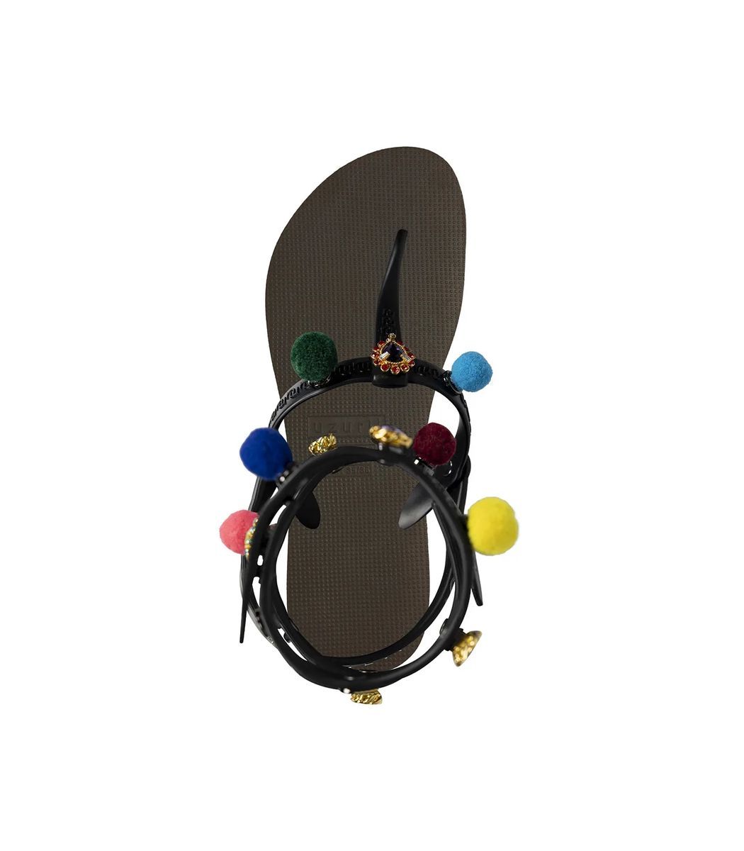 Zehentrenner Sandale mit Pompoms und Schmuck