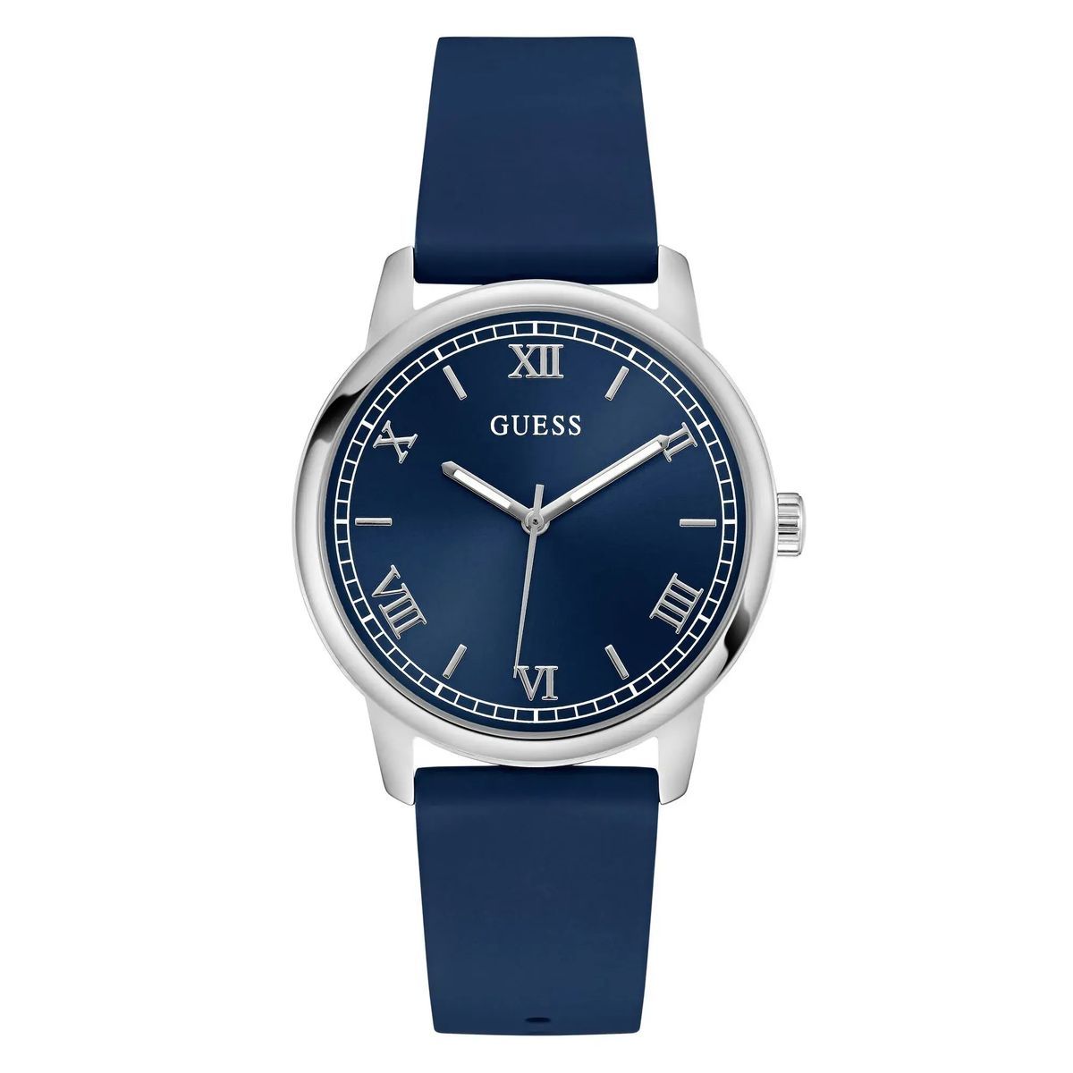 Blaue Uhr mit römischen Ziffern