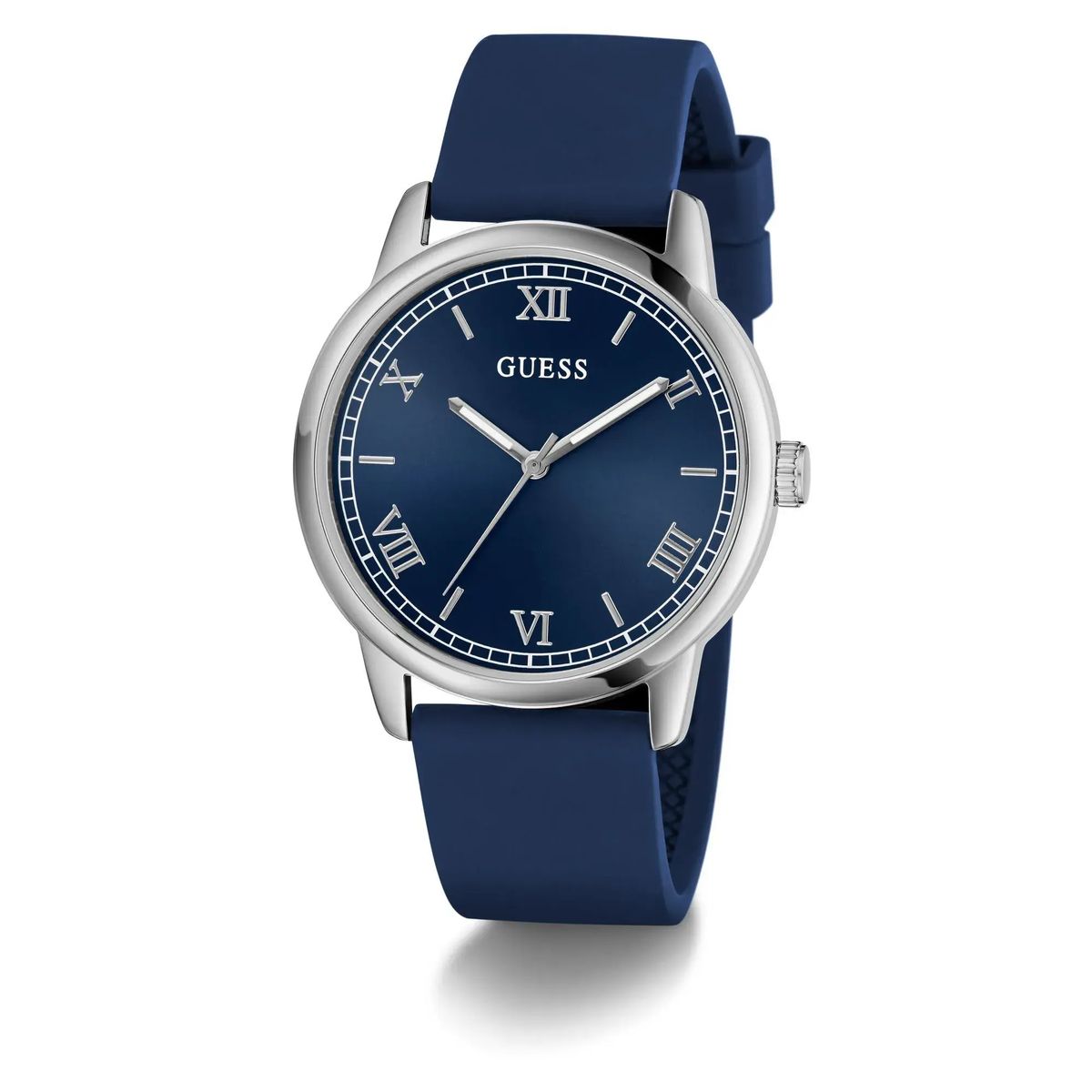 Blaue Uhr mit römischen Ziffern