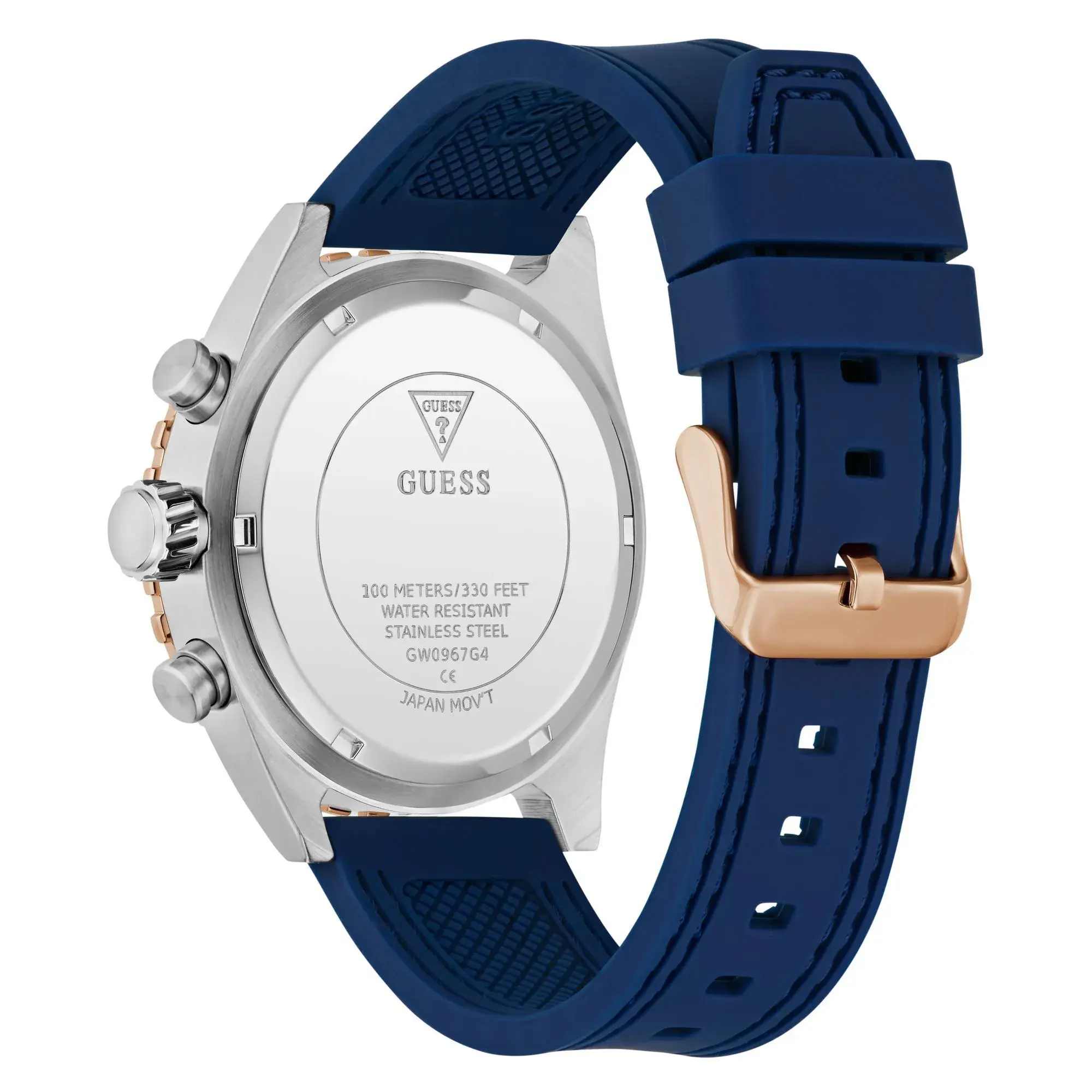 Blaue und roségoldene Chronographenuhr