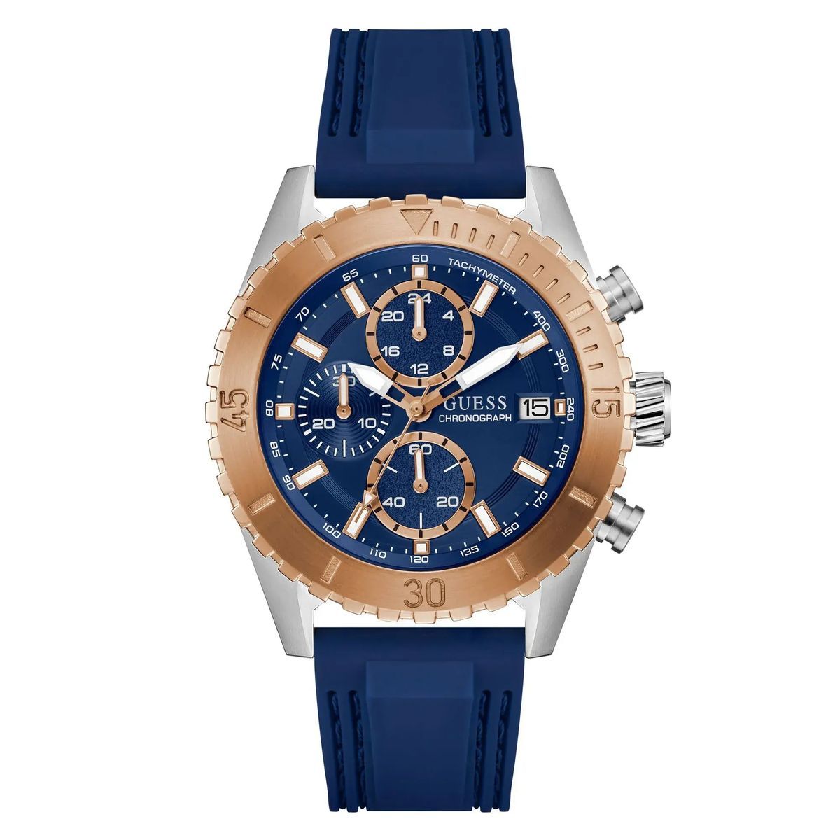 Blaue und roségoldene Chronographenuhr