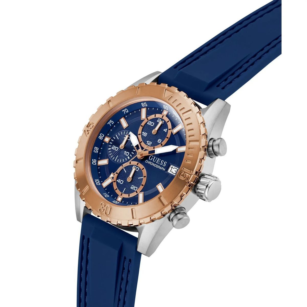 Blaue und roségoldene Chronographenuhr