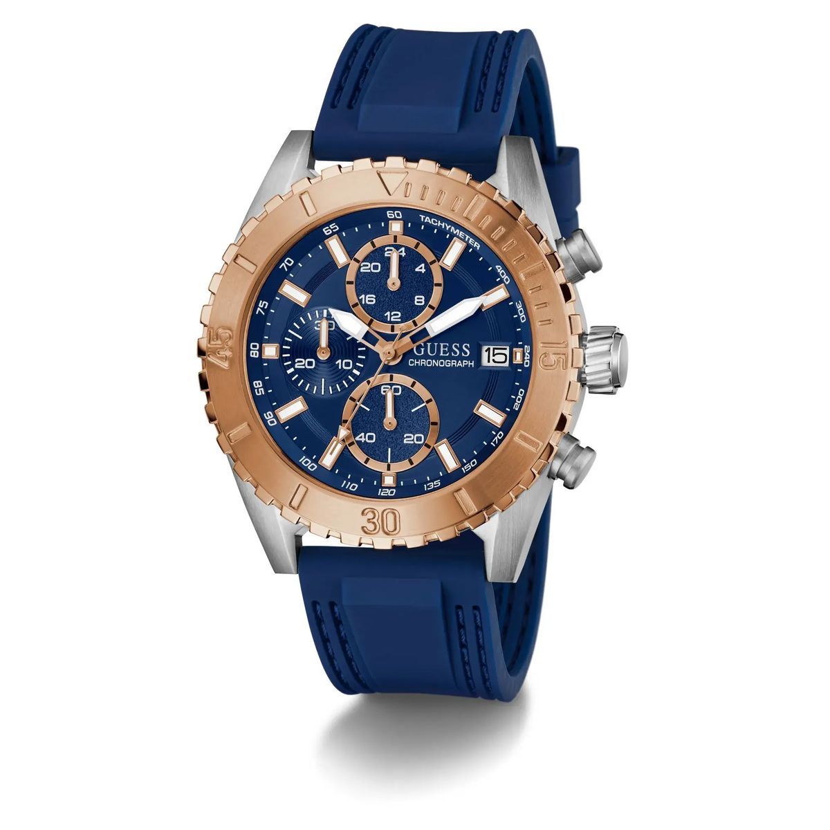Blaue und roségoldene Chronographenuhr
