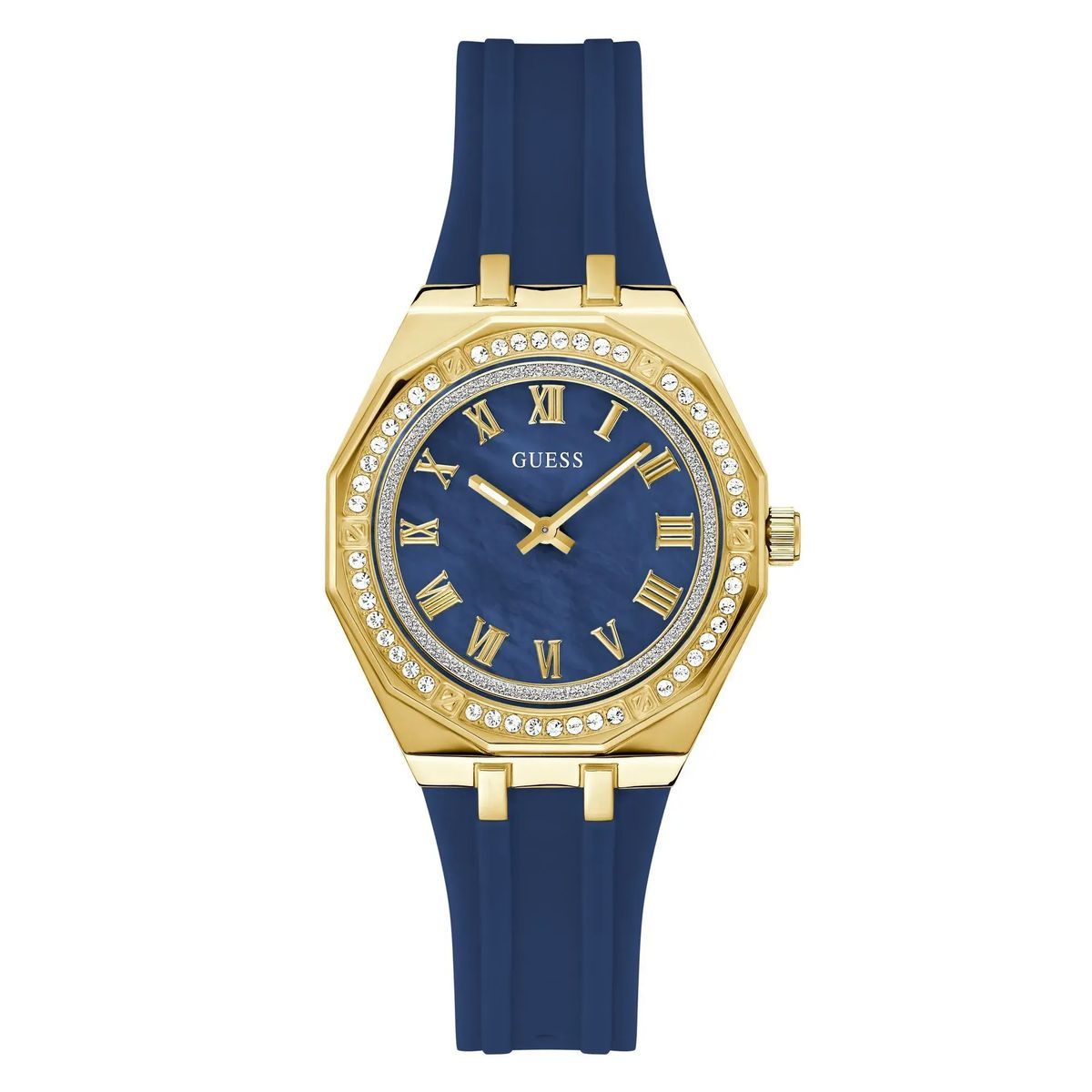 Blaue und goldene Uhr mit Kristallakzenten