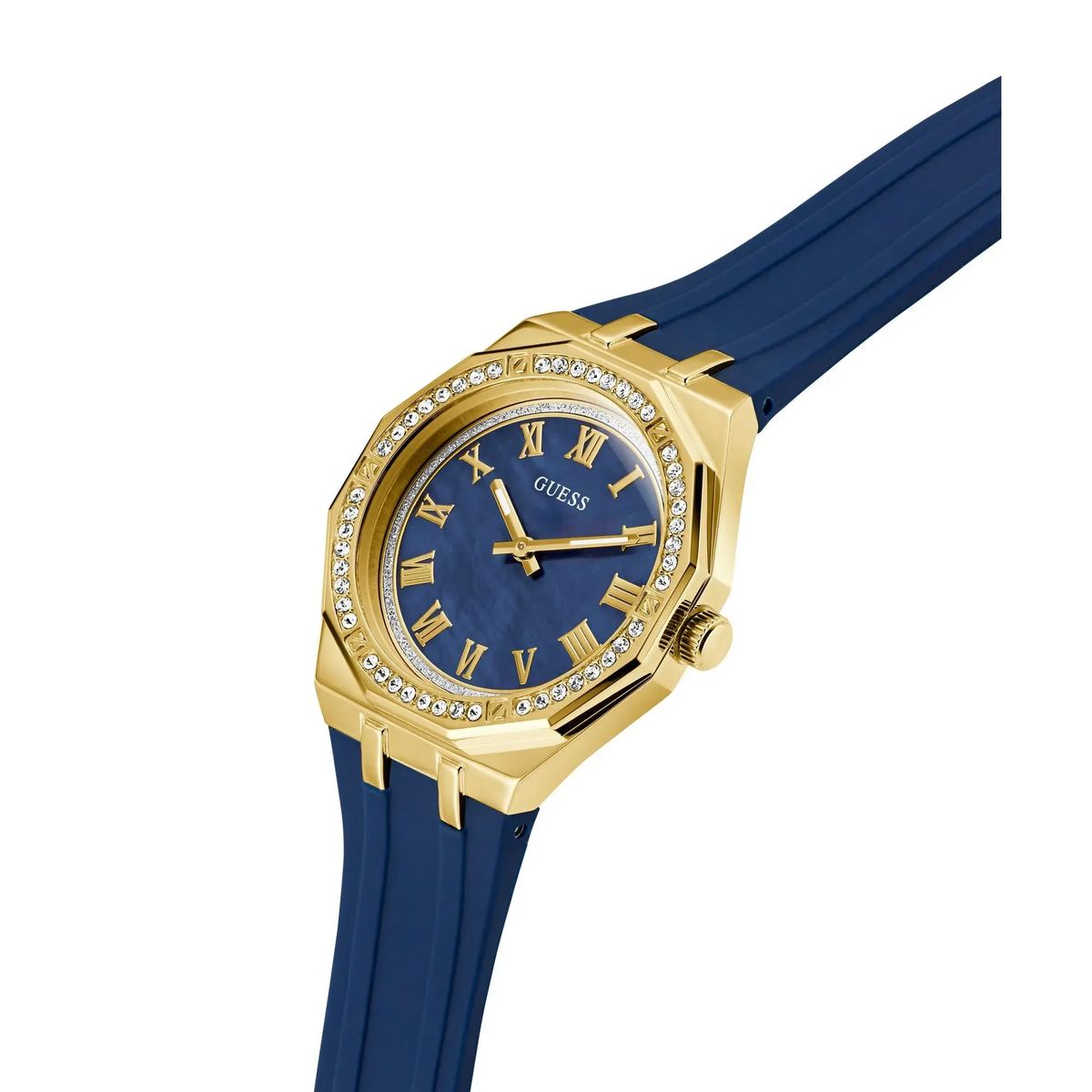 Blaue und goldene Uhr mit Kristallakzenten